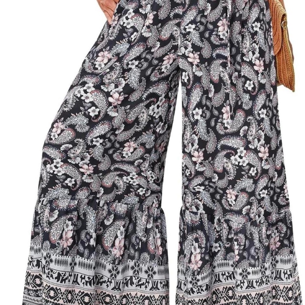 Grace Karin Womens Black Pink Paisley Wide Leg Belted Pants Large Boho Palazzo